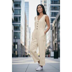 Monteau Los Angeles Cream Black Pinstripe Linen Blend Jumpsuit Women’s Small